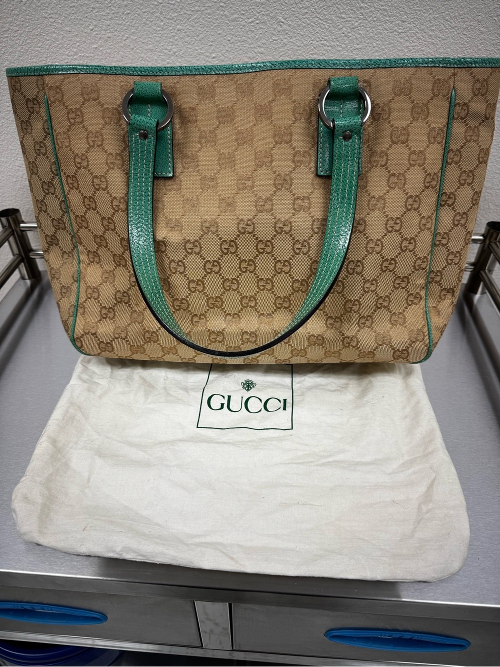 Gucci GG Canvas Tote with Green Leather Trim and Certificate of Authenticity